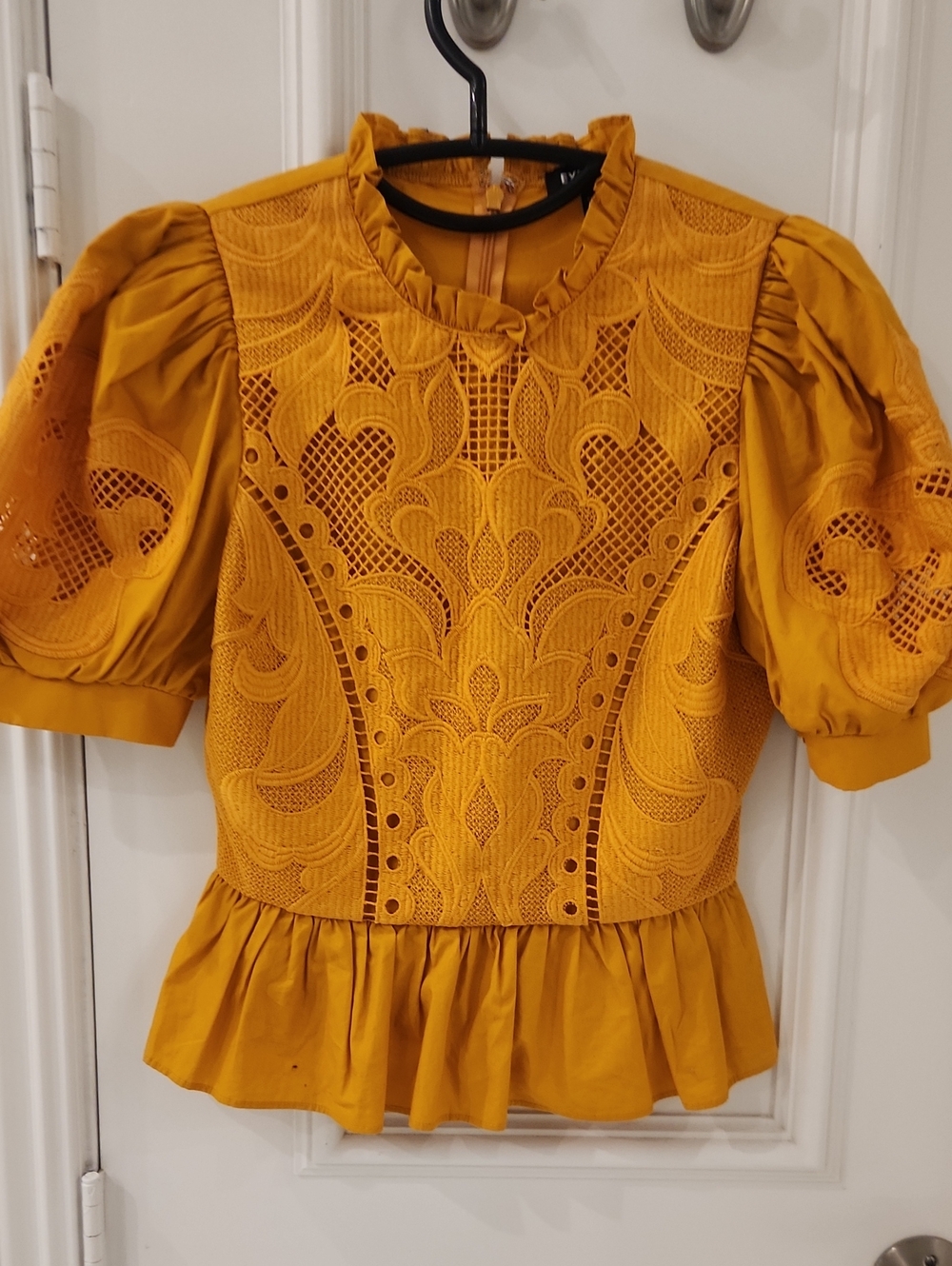Express Mustard Eyelet Puff Sleeve Peplum Blouse